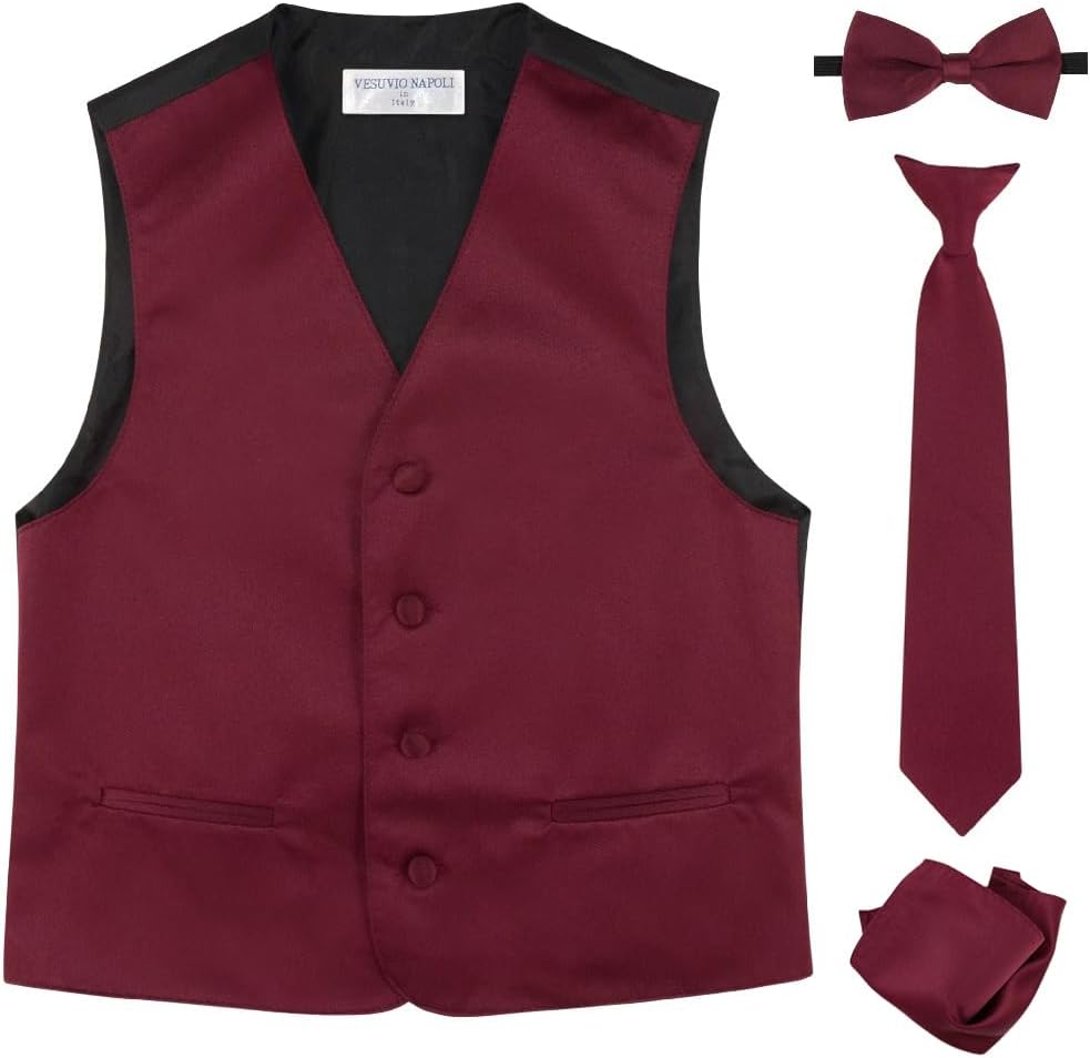 Vesuvio Napoli Boy's Dress Vest Bow Tie Necktie Hanky 4 piece set. Solid Color Variety Pre-Tied Ties