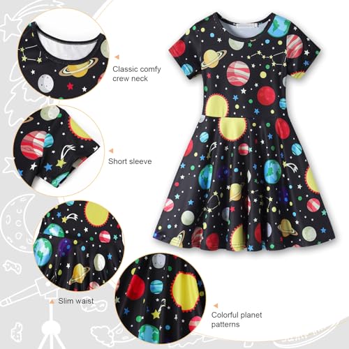 WonderBabe Girls Dresses Toddler Dinosaur Summer Sundress Kids Short Sleeve School Casual A Line Twirly Skater Dresses3