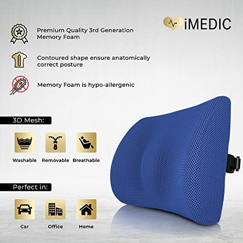 Medipaq 3D Mesh Back Lumbar Support Cushion with Adjustable Elastic Strap - Back Support for Office chair - Lumbar Support Cushion for Car - Back Support Cushion with Air Circulation - Blue