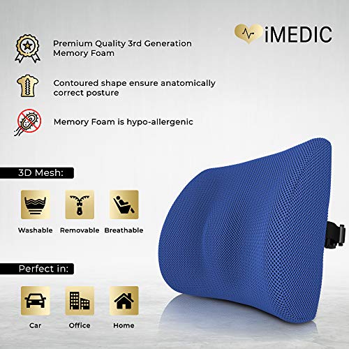 Medipaq 3D Mesh Back Lumbar Support Cushion with Adjustable Elastic Strap - Back Support for Office chair - Lumbar Support Cushion for Car - Back Support Cushion with Air Circulation - Blue