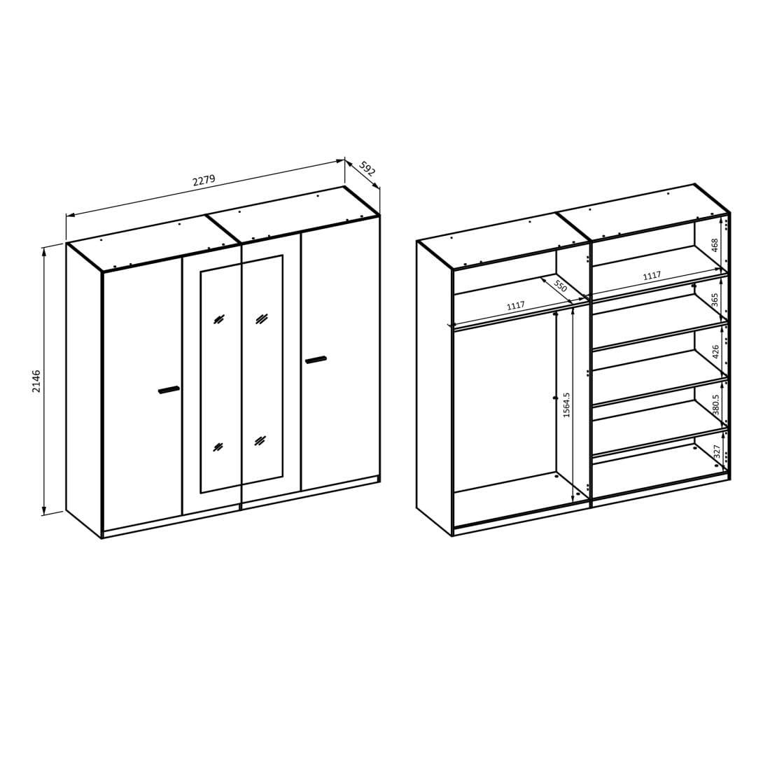 Meublorama Chambre complète Vertigo – Lit 180x200 avec sommier, 2 chevets, Armoire 4 Portes + Contour Design