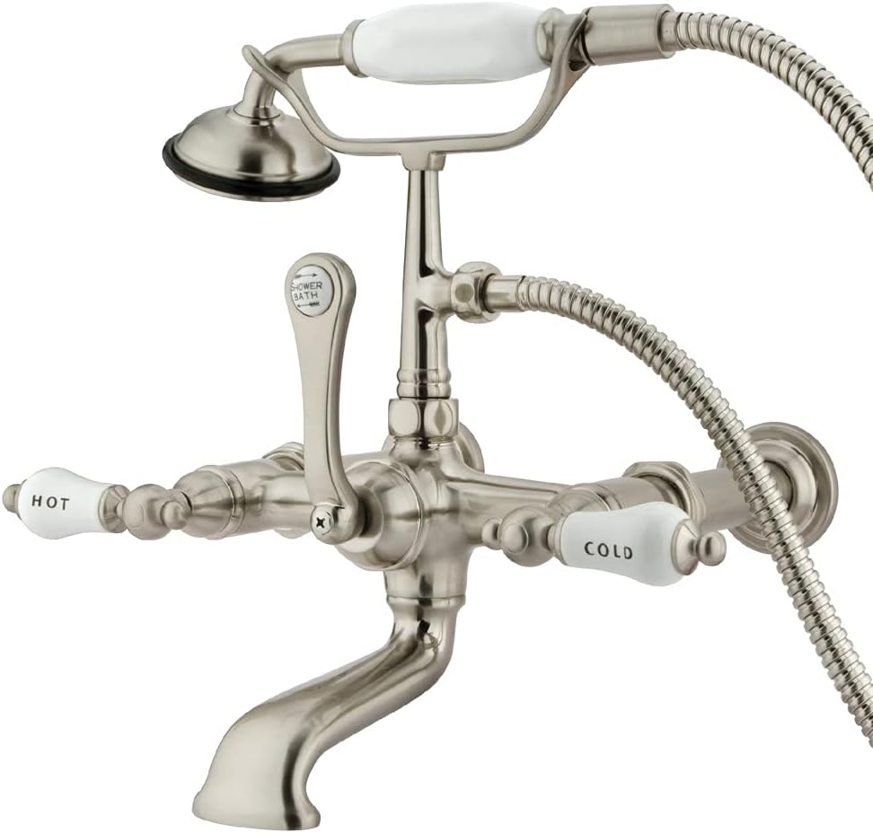 Kingston Brass CC545T8 Vintage 7-Inch Wall Mount Tub Faucet with Hand Shower, Brushed Nickel