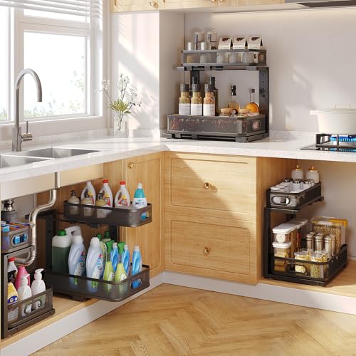 Image of 2 Pack 15.7IN-Depth Under Sink Organizer With Smooth Cylindrical Rail,2-Tier Pull Out Multi-Purpose Cabinet Storage for Bathroom&Kitchen,Height Adjustable,Rust-resistant Coating-Black