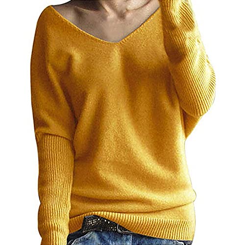 Pull en tricot pour femme avec manches chauve-souris et col en V, jaune, S Cover
