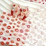 Valentine's Day Nail Art Stickers - Red Heart & Kiss Lip Self-Adhesive Nail Decals, I Love You 3D Nail Decorations for DIY Manicure, Waterproof Long-Lasting Nail Stickers for Women & Girls
