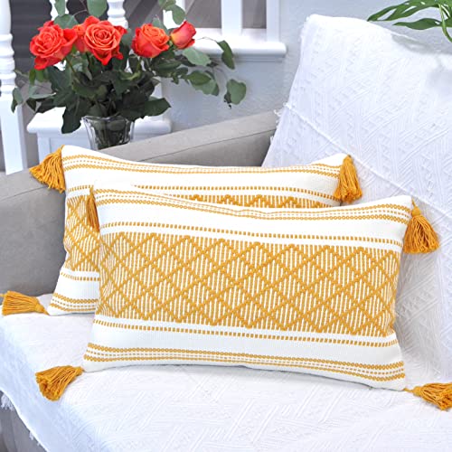 Oveesha Decorative Lumbar Pillow Cover With Boho Tassels Mustard Yellow 12X20 Inch -Set Of 2 / Small Rectangle Cushion Cover For Couch Sofa/Farmhouse Woven Pillow Case/Luxury Accent Cushion Cover #TOP7