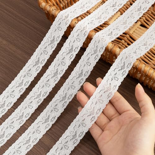 LYXMYGS Lace Trim Ribbon, 30-Yard White Lace Ribbon, 1 Inch Width White Laces Trims, Delicate Elastic Floral Pattern White Lace for Crafts Sewing and Bridal Wedding Dress Applique Decorations