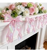 FLAIR GIFTS 2 Strings Iridescent Pink Bow Garland Banner, Pre-Strung Fish-Tail Organza Ribbon wit...