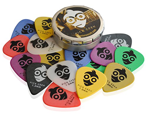 Pick Geek Cube | 2 x Sets of Premium Guitar Picks for your Electric, Acoustic or Bass Guitar | Celluloid & Delrin (Tortex) | X Heavy, Heavy, Medium & Light | Gifted in 2 x Metal Pocket Boxes