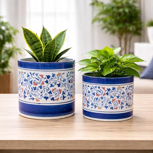 Image of Niyara Decorative Blue Floral Print Balti Flower Pots, Indoor & Outdoor Ceramic Planters (Set of 2)