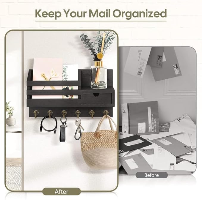 Image of Wooden Wall Mounted Key Holder with Hooks and Organizer Shelf Wall Rack for Letters Wallets and Accessories Home and Office Wall (Black, Drawer Organizer)