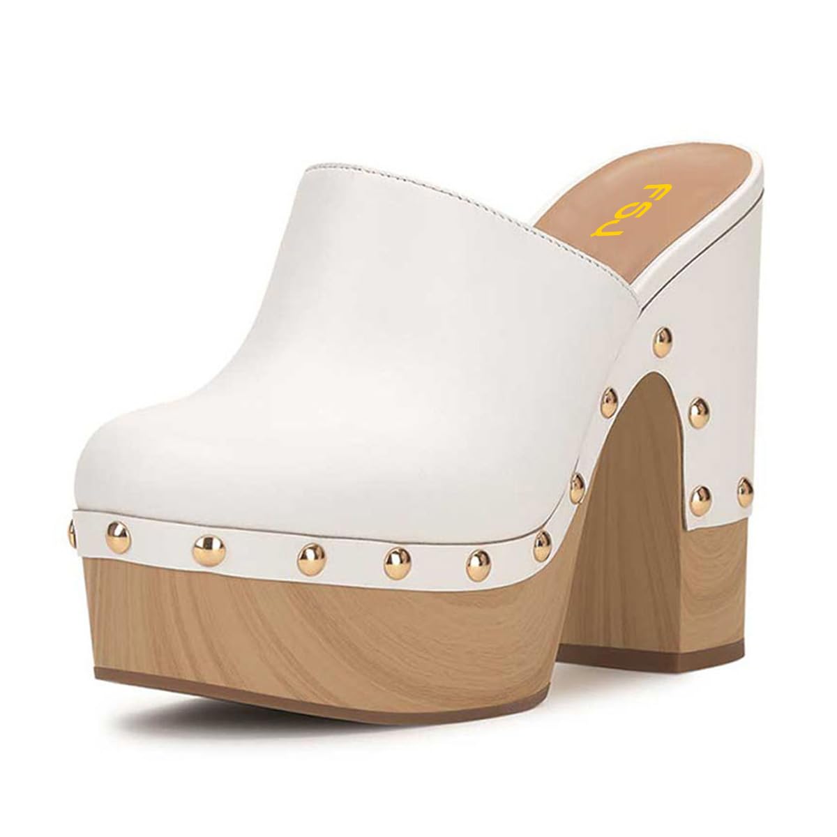 FSJ Women Closed Round Toe Mules High Chunky Heeled Sandals Slip On Platform Wooden Clogs Studs Comfy Outfit Shoes Size 4-16 US