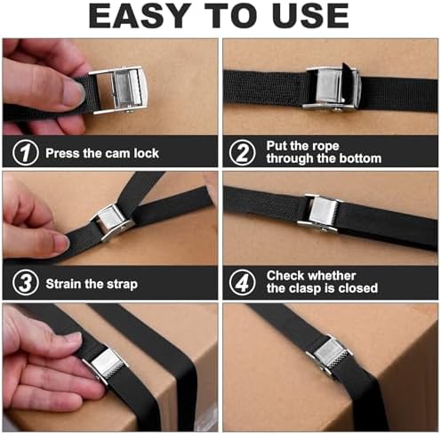 URAQT Tie Down Straps, 4PCS Lashing Straps with Buckles Adjustable 150 kg 2 Meters Heavy Duty Lashing Straps Width 20 mm Cam Buckle Straps for Motorcycle Cargo Trucks Trailer Luggage Black - View 6