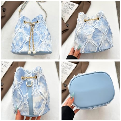 Denim Bucket Bag Quilted Drawstring Shoulder Handbag Jean Crossbody Purses Hobo Handbag with Chain Strap4