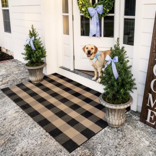 KIMODE Washable Outdoor Rug 3x5, Farmhouse Fall Front Door Mat, Black and Tan Checkered Patio Rug Carpet,Welcome Layering Rug for Front Porch Entryway Kitchen Outside Entrance