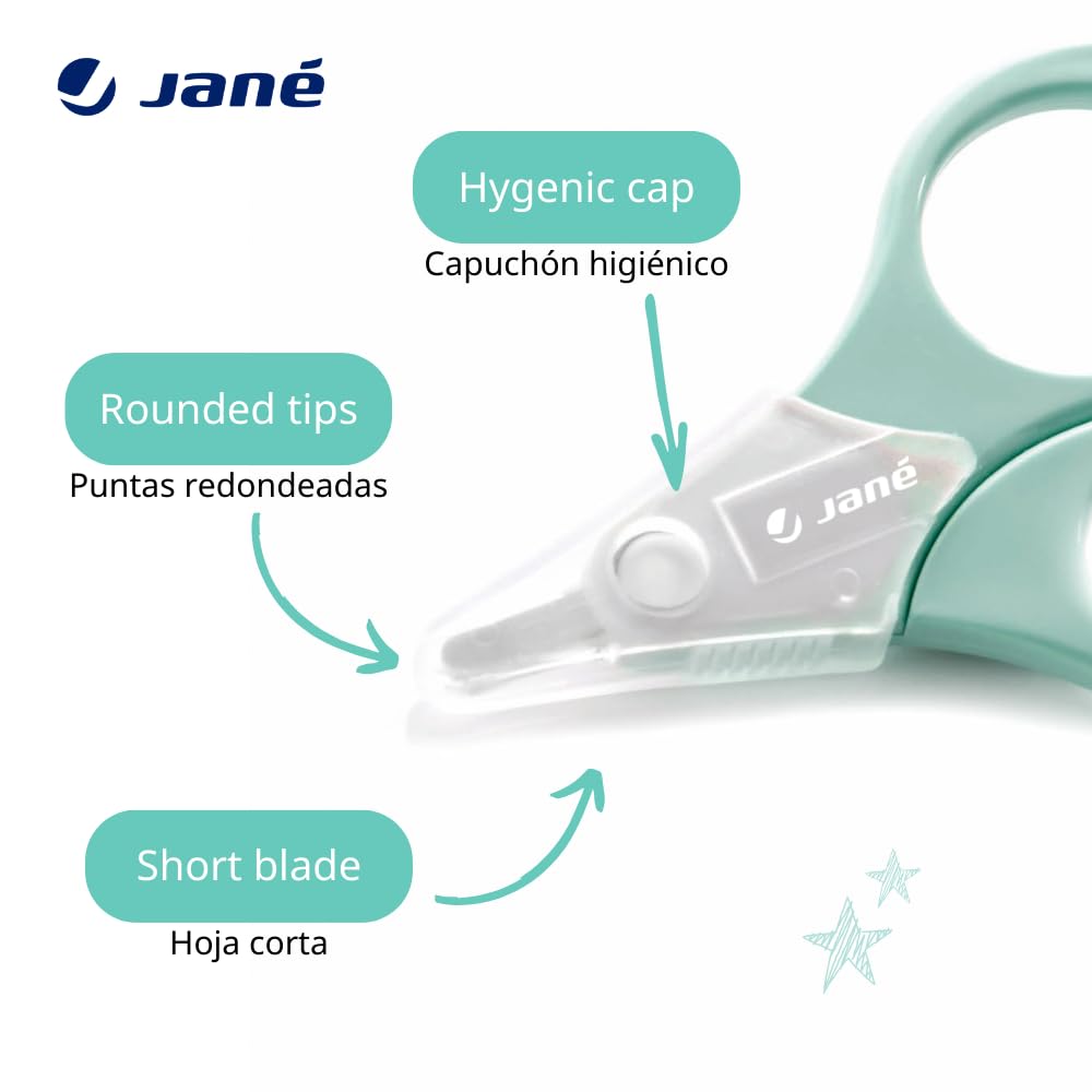 Jané Forbici per neonati, punta arrotondata, con cappuccio igienico, in acciaio inox, verde
