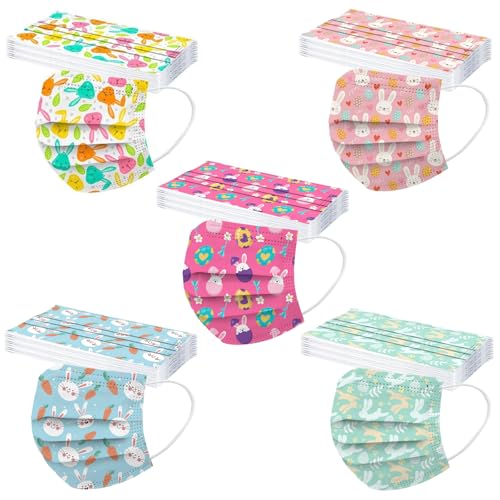 50PCS Easter Disposable Face Mask, 3 Ply Breathable Bunny Printed Face Masks for Adults Women Full Face Protection (Multicolor)