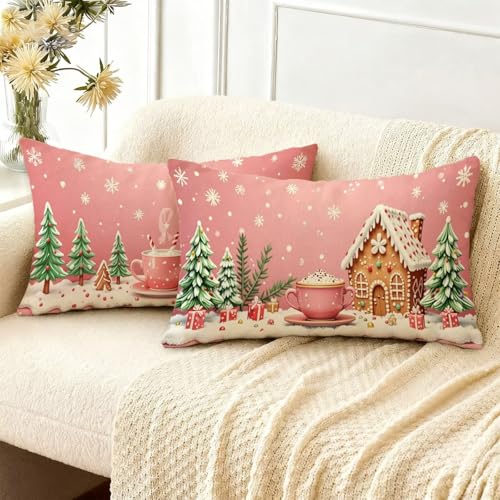 Housse coussin 70x90cm lin imperméable avec zip invisible rose | Set de 2 pièces