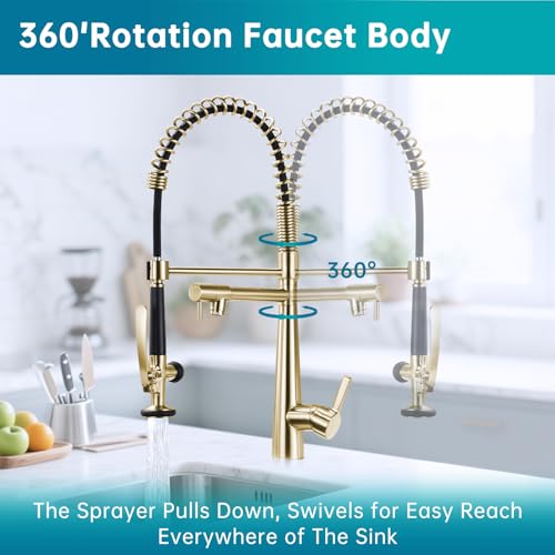 Image of Copper Kitchen Faucet, Solid Brass Brushed Gold Kitchen Faucet, Heavy Duty Spring Pre-Rinse Single Handle Kitchen Faucets with Pull Down Sprayer and Pot Filler, Commercial Style Sink Faucet