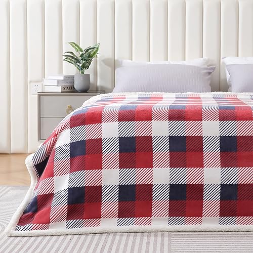 Touchat Sherpa Plaid Twin Blanket 60" X 70", Fuzzy Fluffy Soft Cozy Throw Blanket, Twin Size Plush Fleece Flannel Plush Microfiber Blanket for Couch Bed Sofa (Red Color)