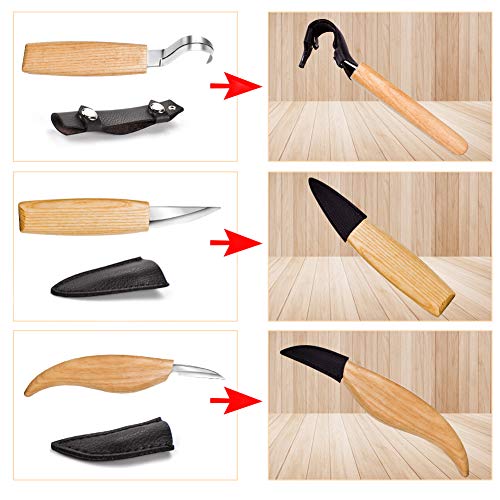 WAYCOM Wood Carving Tools Set,Whittling Wood Carving Kit for Spoon Carving 3 Knives in Tools Roll Leather Strop and Polishing Compound Sharpening Stone Hook Sloyd Detail Knife