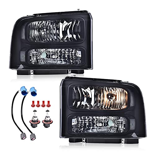 Image of GRAND ORANGE Headlights Assembly Compatible with Ford F250 F350 F450 F550 Super Duty 1999-2004 / Fit Ford Excursion 2000-2004 Headlamp Smoke lens Black Housing Clear Reflector