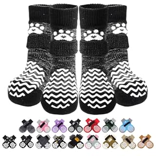 PUPTECK Anti Slip Dog Socks 2 Pairs with Double Grippers for Hardwood Floors, Shoes for Hot/Cold Pavement, Boots & Paws Protectors to Prevent Licking, Traction Booties for Senior Small Large Dogs