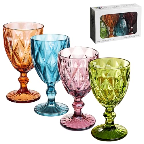 Image of Vintage Wine Glasses Set of 4, Plastic Reusable 12 Ounce Colored Water Goblets, Unique Embossed Pattern Unbreakable Stemmed Wine Glasses, High Clear Wedding Party Bar Drinking Cups Multicolor