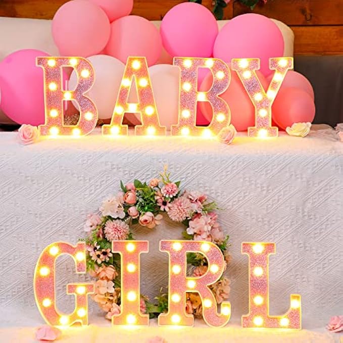 Sacubee Set of 8 Pink Baby Shower Decorations for Girl Baby Girl Light up Letters Battery Operated Baby Letters for Baby Shower Party Home Decoration (8.7 Inch)