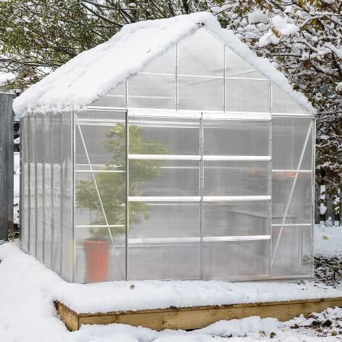 MELLCOM 12' x 10' x 10.3' Outdoor Walk-in Hobby Greenhouse for Plants, Polycarbonate Aluminum Green House with Adjustable Roof Vent and Sliding Door ...