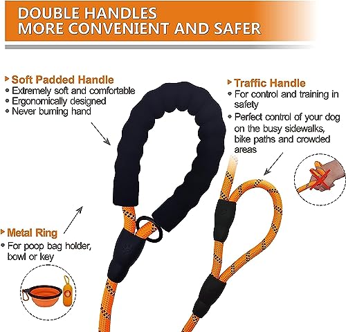 Image of 5FT Strong Dog Leash with Comfortable Padded Handle and Highly Reflective Threads Dog Leashes for Small Medium and Large Dogs (Double Handle - Orange)