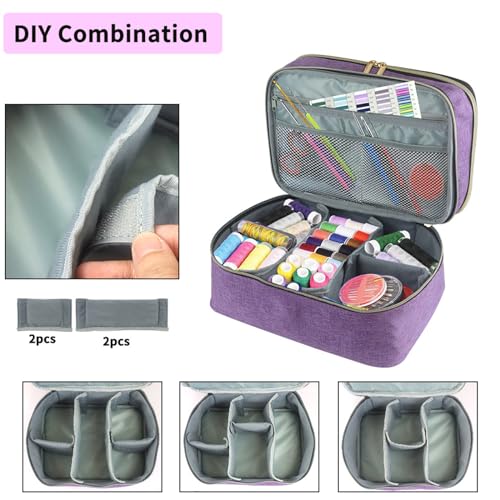 Image of Meichoon Sewing Supplies Storage Bag Large Capacity Designed with Double-Layer Structure with Multiple Pockets and Compartments Inside DIY & Well Organized Waterproof Protective Convenient Purple