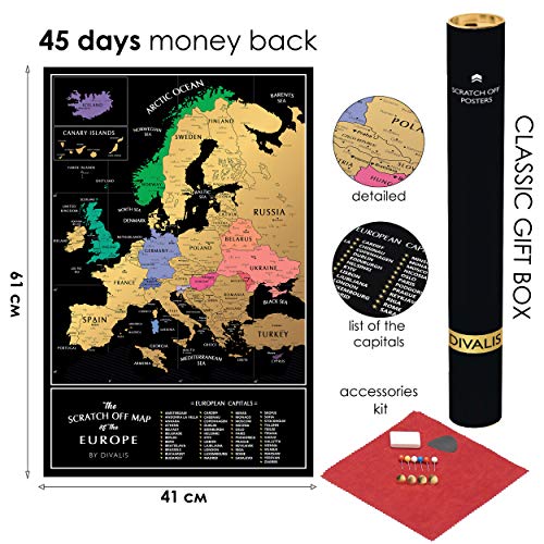 Detailed Scratch Off Map Of The Europe - Easy To Frame 24 X 16 European Travel Map Poster With Cities - Large Black And Gold Push Pin Travel Wall Maps - Scratchable Europe Map With Scratcher Included #TOP3