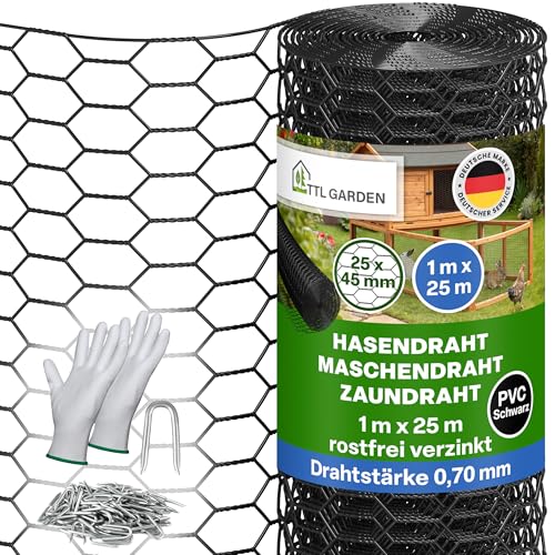 TTL GARDEN 1x25m Hasendraht 25x45mm Masche schwarz PVC beschichtet - rostfrei 0,70mm Draht Stärke Rolle feinmaschig Drahtgitter Kaninchendraht Zaun Gitter Maschendrahtzaun 25m x 1m breit schwarz