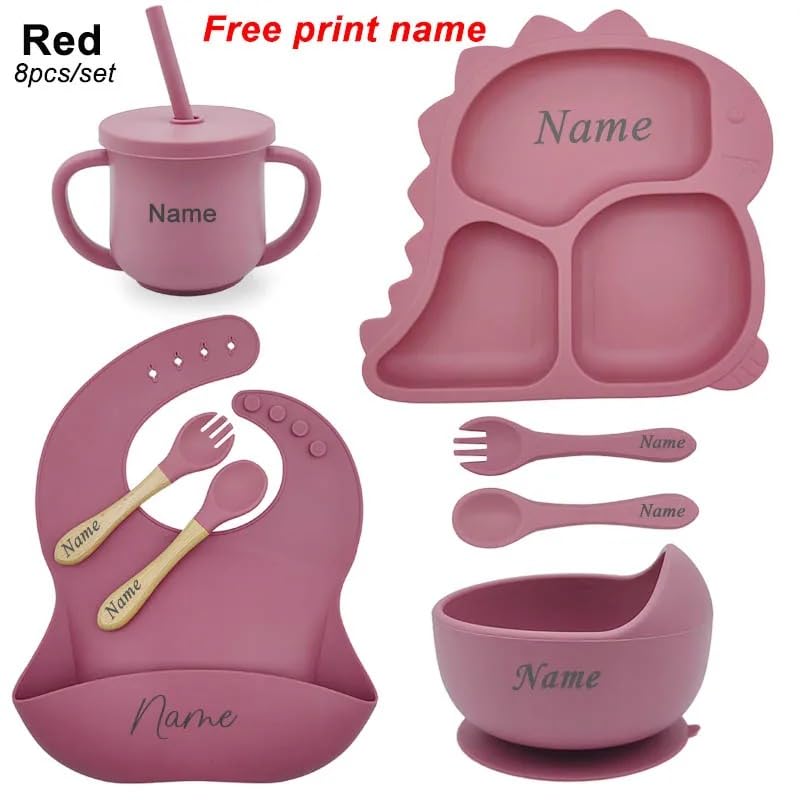 Personalized Baby Name Dinosaur Feeding Set 8Pcs, Custom Name Baby Silicone Weaning Set, Feeding Set With Name BPA Free