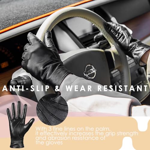 Image of Winter Sheepskin Leather Gloves for Women, Touchscreen Gloves with Thermal Cashmere Lining, Fashion Driving Gloves
