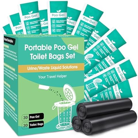 Portable Toilet Bags Poo Gel Set, 8 Gallon Camping Toilet Bags with Portable Absorbent Toilet Gel, Urine Powder with Potty Trash Waste Bags for Outdoor Camping, Traveling, Emergency Cover