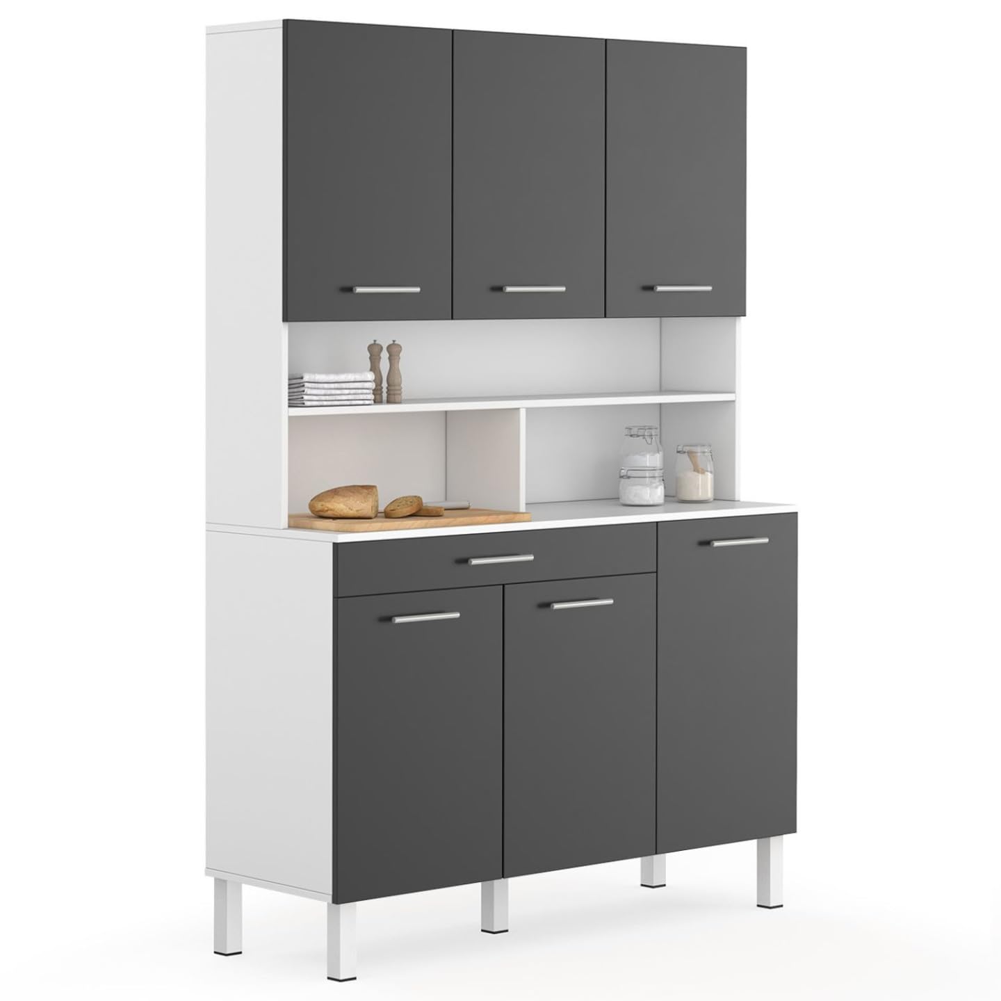 IDMarket - Buffet de Cuisine 120 CM CINA 6 Portes + tiroir Blanc et Gris Brillant