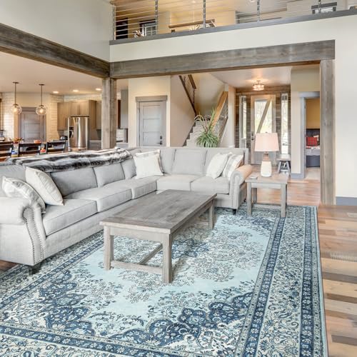 Area Rug for Living Room, 5x7Ft Non-Slip Vintage Area Rug, Machine Washable Boho Rugs for Bedroom Office Dining Room Farmhouse, Blue