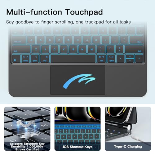 Image of RAYMCRAFT for iPad Pro 13-inch Case with Keyboard (M5 /M4, 2025 /2024), 11-Colors Backlight with Pencil Buckle, Stain-Resistant Surface, Magic Keyboard for iPad Pro 13-inch, Multi-Touch Trackpad, Black