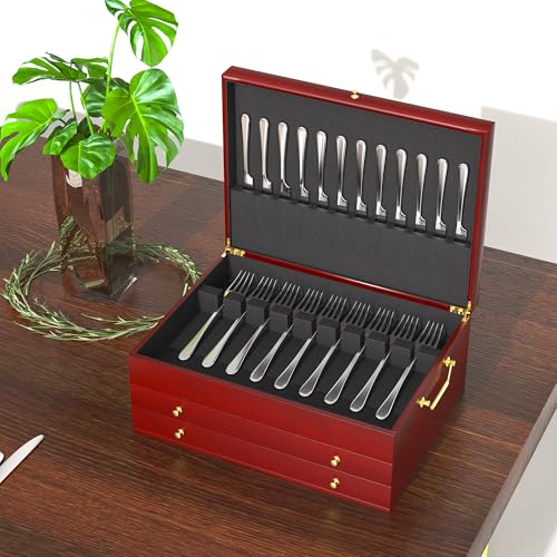 foriy Silverware Storage Box Three-Layer Wooden Silverware Chest 15x11in Flatware Storage Case with Handle and Felt Lined to Store Sterling Silver Ware Cutlery Sets for Home Restaurant - Thumbnail 7