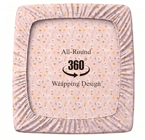 Image of HOMEKART Cotton Contrast Fitted Bedsheet for King Size Bed 72x72+10 Inch with 2 Pillow Covers 17x27 Inch | All Round Elastic | TC 144 Soft, Breathable Floral Printed Bedsheet (Peach Blossom Harmony)