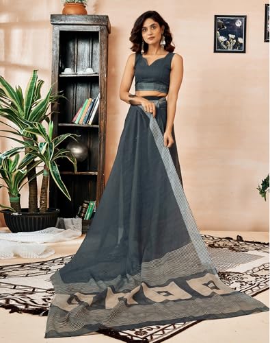 Image of SIRIL Women's Cotton Linen Printed Ready To Wear With Pocket Saree with Unstitched Blouse Piece