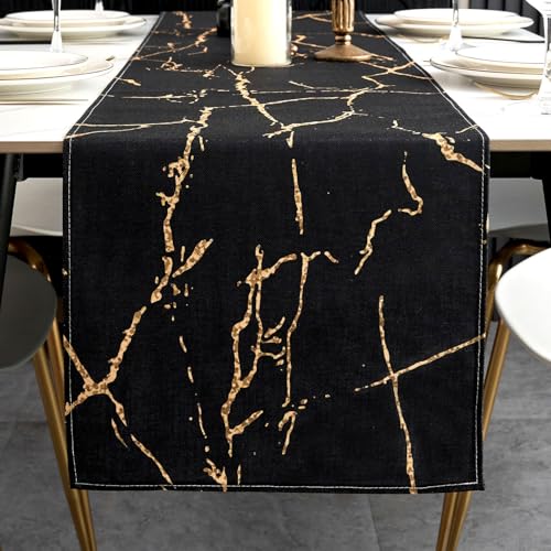 ViaElayu Camino de Mesa Negro y Dorado Primavera Moderno Mármol Textura Abstracto Lavable Camino de Mesa para Mesa de Café, Fiestas, Bodas 40 x 140 cm