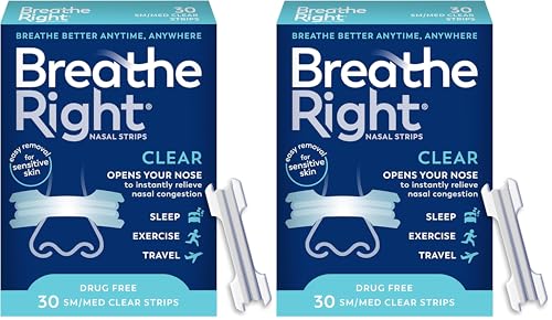Breathe Right Original Nasal Strips | Clear | Sm/Med | for Sensitive Skin| Drug-Free Snoring Solution & Nasal Congestion Relief Caused by Colds & Allergies | 30 ct (Packaging May Vary) (Pack of 2)
