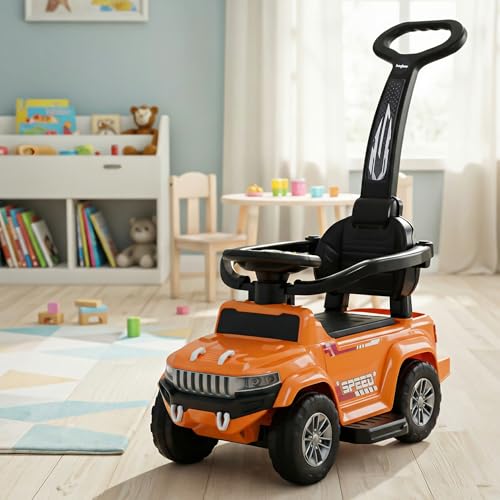Image of Baybee Speedy Pro Baby Ride on Car for Kids with Parental Handle | Portable Kids Car with LED Lights, Music, Backrest & Basket | Toy Rideons Jeep | Toddler Push Baby Cars for 1 to 3 Years (Orange)