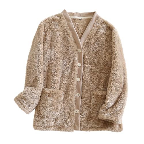 Women Fuzzy Fleece Jacket Long Sleeve Button Down Coat Plush Warm Winter Sleepwear with Pockets Soft Sherpa