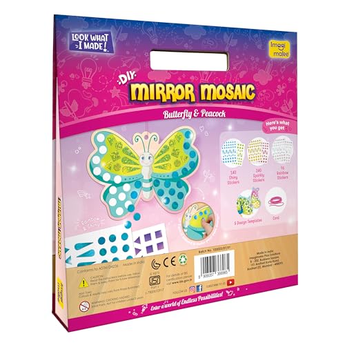 Image of Imagimake Mirror Mosaic Butterfly & Peacock | DIY Return Gift - Pack of 6 | Mirror mosaic art kit: 5 templates & 450+ shiny, sparkly & rainbow foil stickers; peel & stick butterfly & peacock art