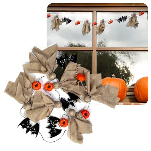 2025 New Ghost Garland Halloween, 9.2FT Cute Cotton Ghosts & Bat Pumpkin Banner, Handmade Rustic Wall Decor, Easy to Hang, for Mantle Frame Door Window