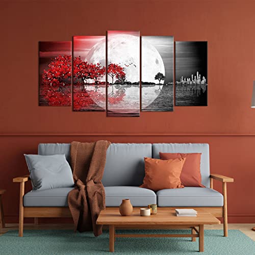 Visual Art Decor Large 5 Pieces Abstract Landscape Canvas Wall Art Black And White Full Moon Seascape Red Trees Painting Pritned On Canvas Artwork For Living Room Bedroom Officewall Decoration (Red, Lxh-60"X32") #TOP1